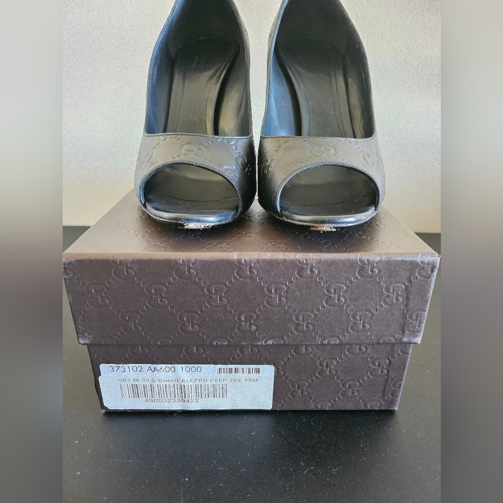 Gucci Black Embossed Peep-Toe Heels